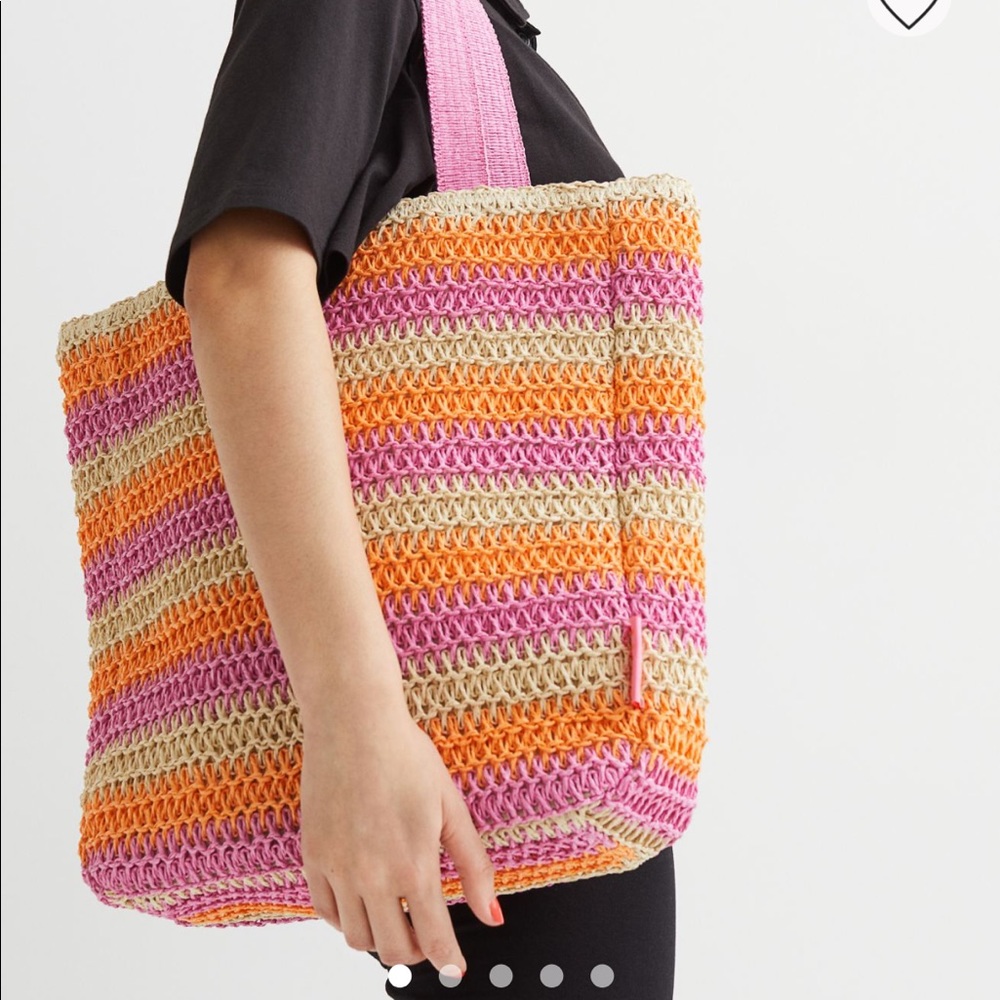 H&M Straw Bag Purse Tote Shoulder Bag Beach Bag Pink Striped Crochet Look